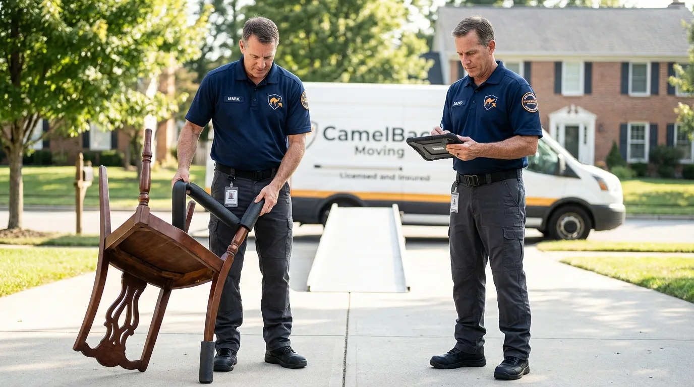 Movers inspecting furniture for damage prevention before loading in Punxsutawney, PA