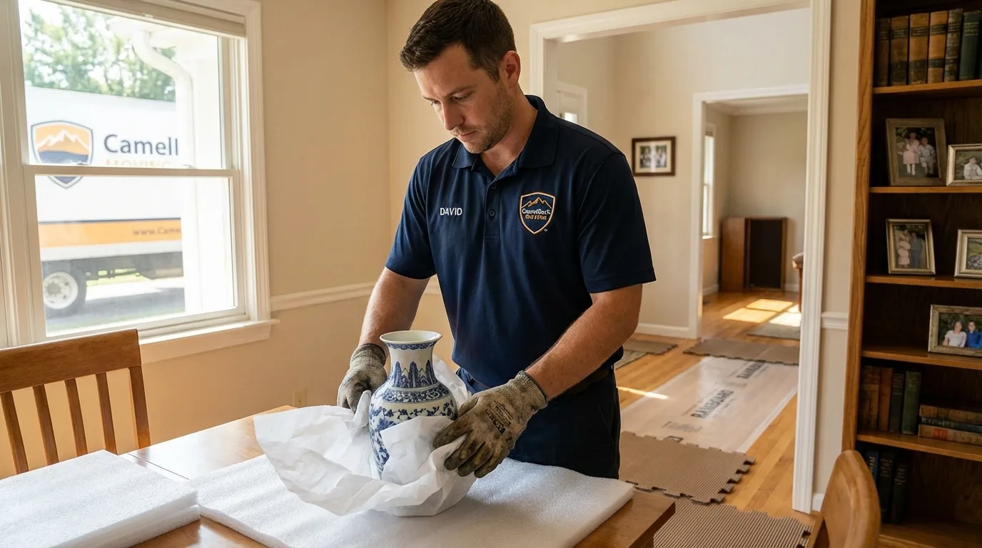 Professional crew carefully wrapping antique vase for senior downsizing move in Punxsutawney, PA